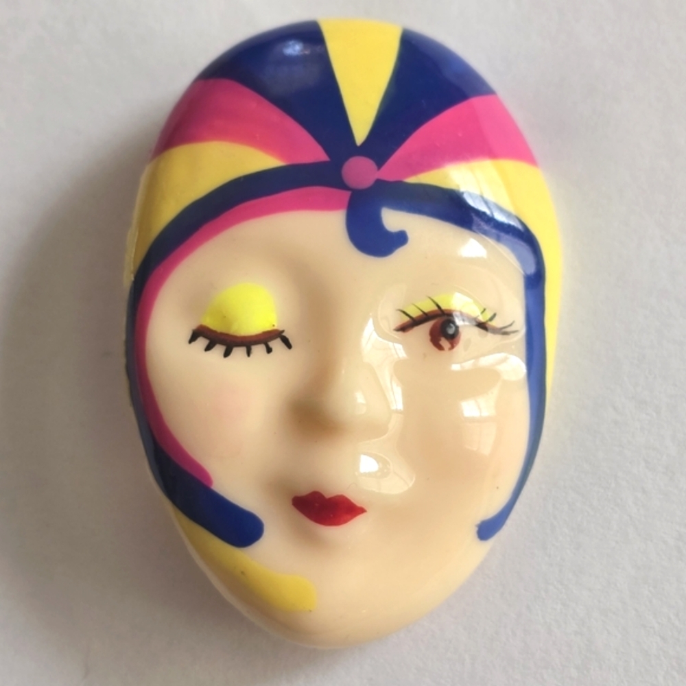 Vintage flapper brooch neon plastic woman head face art deco pin
